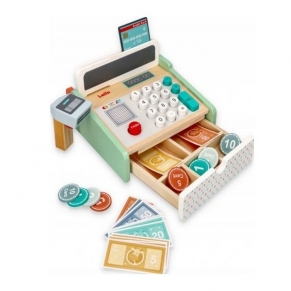 Lelin Toys - Детски дървен касов апарат, с баркод четец